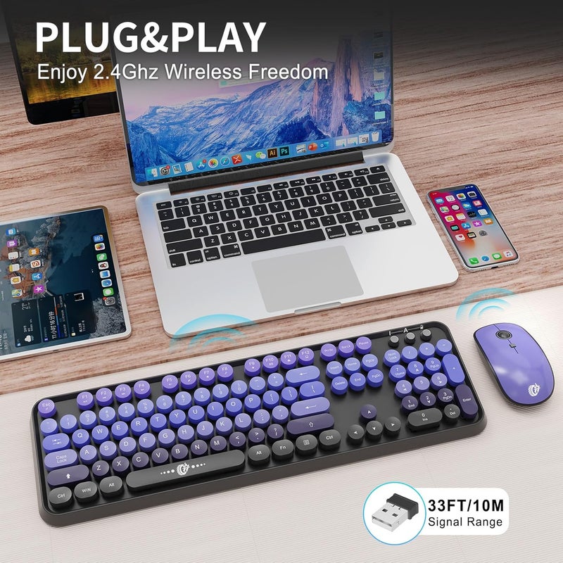 FD Wireless Keyboard and Mouse Combo | Cute Colorful Keyboard and Mouse with 2.4GHz Cordless Retro Typewriter Keyboard | Auto-Sleep | USB Receiver for Windows PC/Laptop - Black Purple Gradient - Image 2